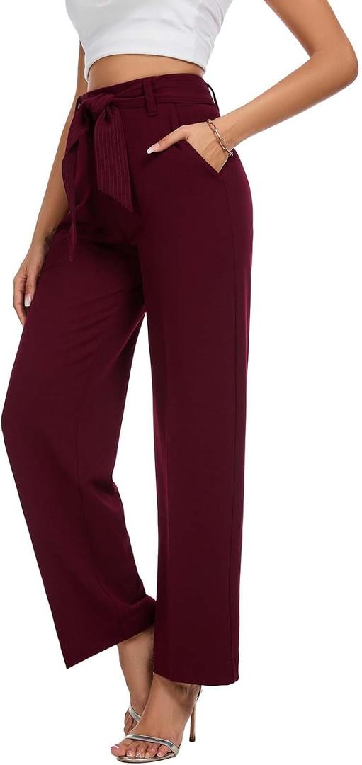 Women's Casual High Waisted Wide Leg Dress Pants with Pockets and Belt (Red, XL)