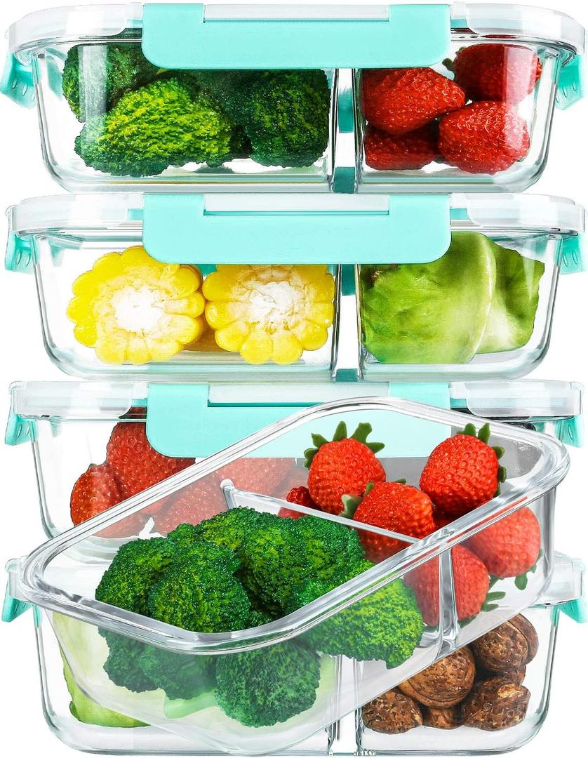 [5-Pack,36 Oz]Glass Meal Prep Containers 2 Compartments Portion Control with Upgraded Snap Locking Lids Glass Food Storage Containers, Microwave, Oven, Freezer and Dishwasher (4.5 Cups, Green)