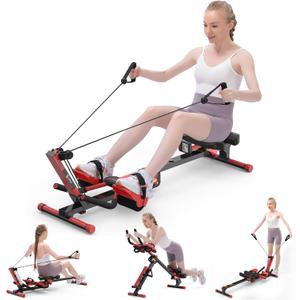 Rowing Machine, 4 in 1 Rowing and Ab Machine with 2 Levels of Workout Resistance, Quiet & Foldable Rower Machine with 3 Adjustable Handle Heights & LCD Monitor, Row Machine for Home Exercise