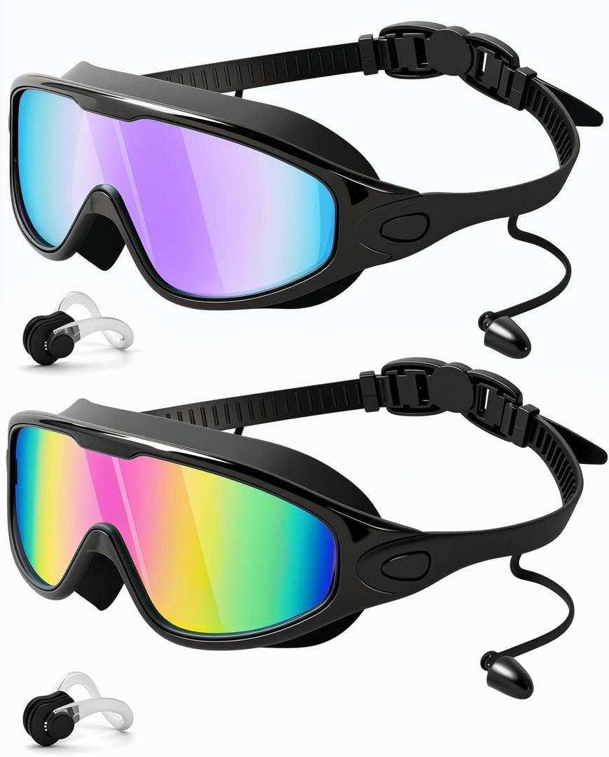 Rantizon Swim Goggles 2 Pack, Wide View Anti Fog&UV Swimming Goggles for Audlt, No Leaking Swim Glasses for Men Women Kids (Large for Adults, Black Pink & Black Purple)