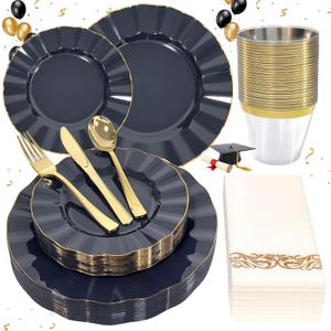 Glowserve 175 Plastic Dinnerware Set, Disposable Dinnerware Set for 25 Guests Include 50 Plastic Plates, 25 Silverware Set, 25 Cups and 25 Napkins for Christmas, Party, Wedding(Navy Blue and Gold)