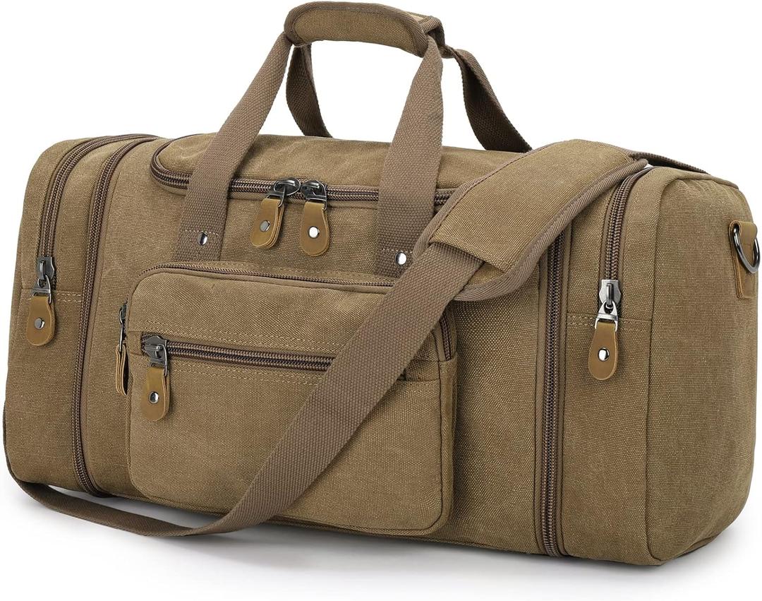Gonex Canvas Duffle Bag for Travel, 50L Duffel Overnight Weekend Bag(Coffee) (Large-50L (Without Shoe Compartment))