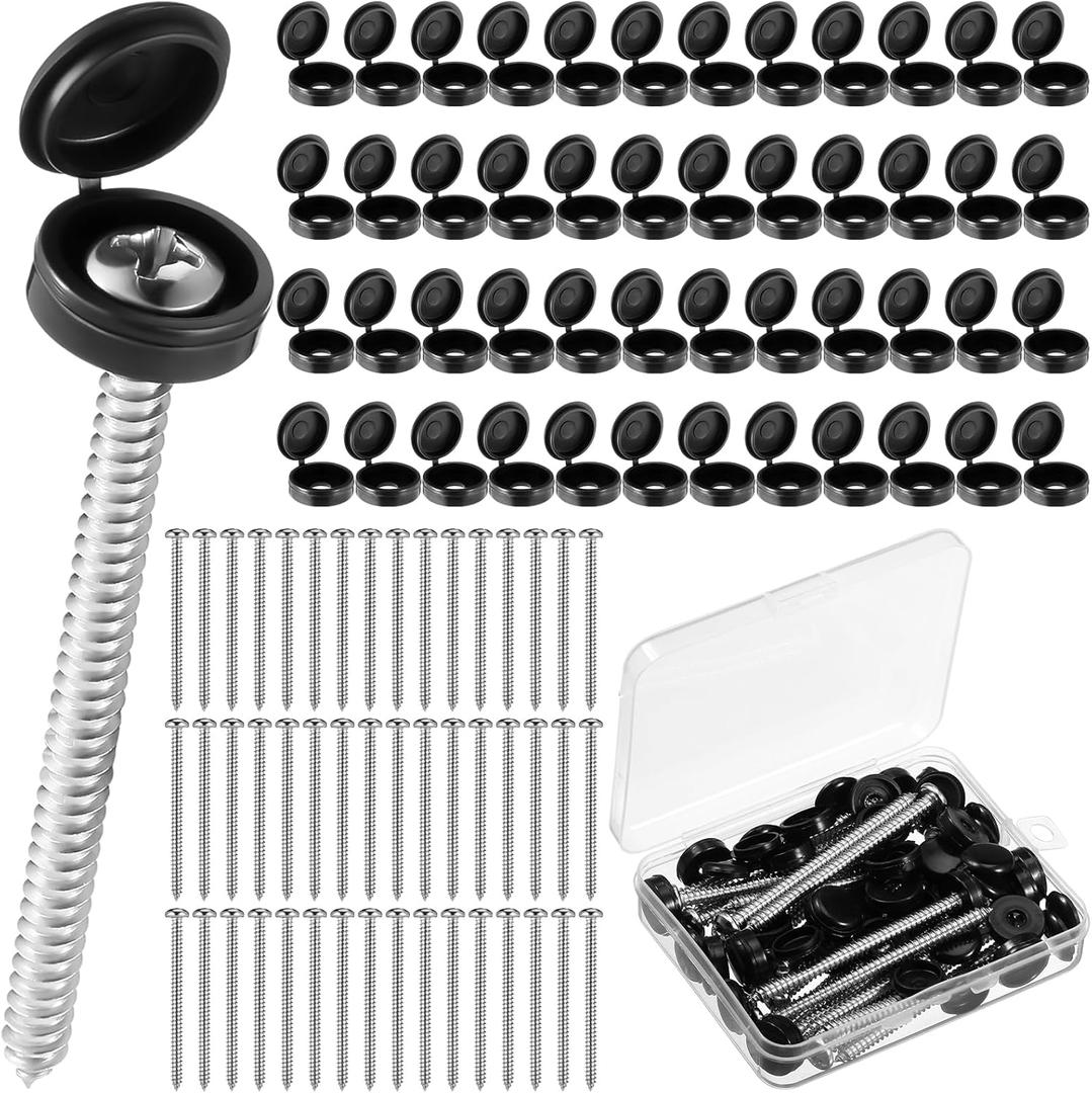 Zhengmy 48 Set 3 Inch Shutter Fasteners Shutter Pins Screws and Caps Bulk 304 Metal Stainless Steel Screws with Vinyl Caps for Outside Windows Hardware Railings Furniture (Black)
