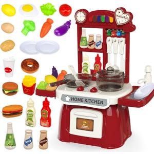Kitchen Set for Toddler with Sound and LightPretend Cooking Food Set,Kids Kitchen PlaysetPlay Sink with Running Water and Electronic Induction StoveKitchen Accessories (red Kitchen Set)