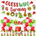 Christmas First Birthday Party Decorations, Guess Who Is Turning One Red Green Glittery Banner, Christmas 1st Birthday Party Cake Topper Balloons for Winter Boys Girls First Bday Party Supplies
