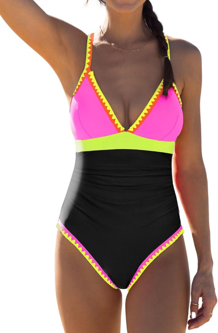 popvil One Piece Swimsuit 2025 Tummy Control Women Bathing Suit Shapewear Swimsuits Slimming Neon Cute Tie Back Swimwear (Small, Black4)
