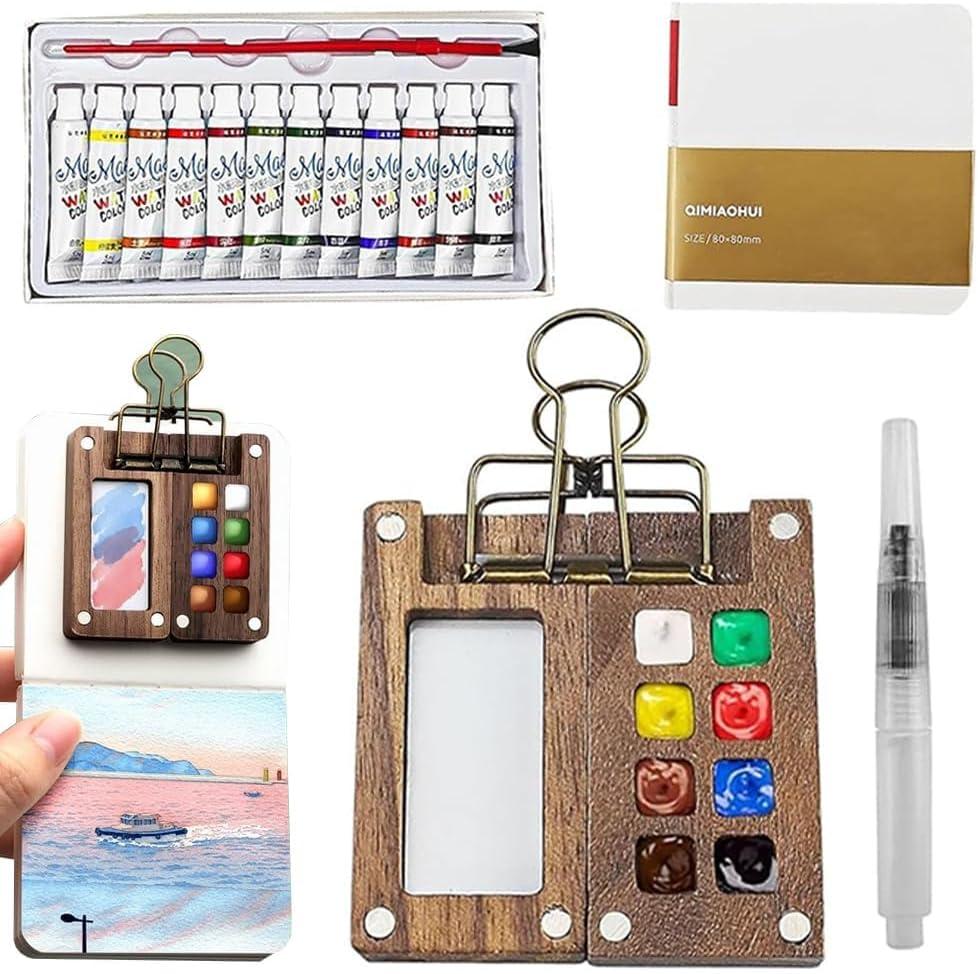 Watercolor KitMini Travel Pocket Artist Watercolor Travel SetMini Wooden Water Color Sketchbook Kit with Nano Palette and 12 Color Paints for Artists, Students, and Painters