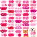 50 Pcs Valentine's Day Dog Collar Puppy Bows Pet Accessories Flower Bows for Small Medium Dogs Cat Puppy Bowties Pet Flowers Supplies Christmas Party Wedding(Pink and Rose Red)