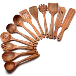 12 Pack Wooden Spoons for Cooking - Natural Teak Kitchen Utensils Set with Spatulas (4-6 Pieces)