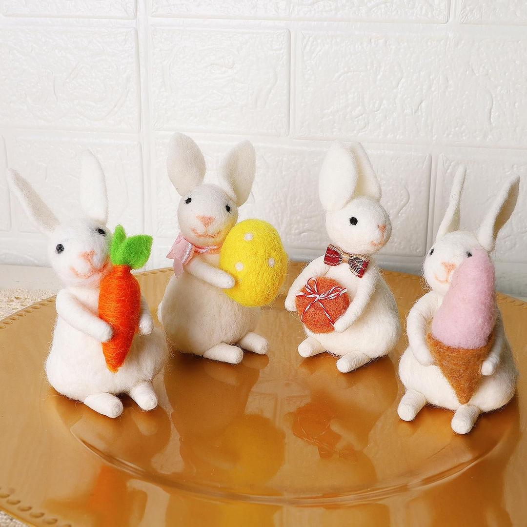 Set of 4 Easter Felt Bunny Ornaments, 4.3" Hanging Wool Rabbits Animal Figurine for Girls Gift, Tiered Tray Tabletop Decor, Easter Basket Filler Spring Home Kitchen Room Window Party Supply