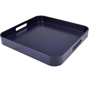 Square Navy Blue Decorative Serving Tray with Handles, Versatile Ottoman Tray for Coffee Table, Entertaining, Outdoor Patio, Living Room, 13*13*1.6
