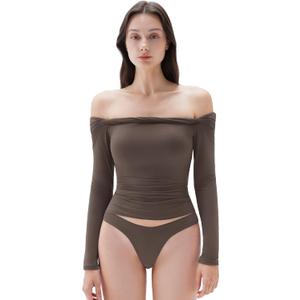 SUUKSESS Women Padded Off The Shoulder Tops Double Lined Going Out Fitted Basic Fall Shirts (Brown, M)