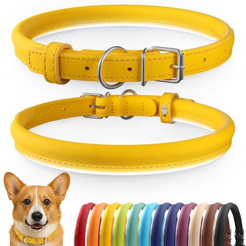 CollarDirect Rolled Leather Dog Collar, Soft Padded Round Puppy Collar, Handmade Genuine Leather Collar Dog Small Large Cat Collars 13 Colors (11-14 Inch, Yellow Smooth)