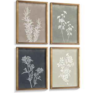 Liswit Framed Boho Wall Art Set of 4 for Wooded Minimalist Botanical Print Wall Art for Rustic Vintage Farmhouse Home Kitchen Wall Decor (Brown, 12x16) (Blue,Gray,Green,White)