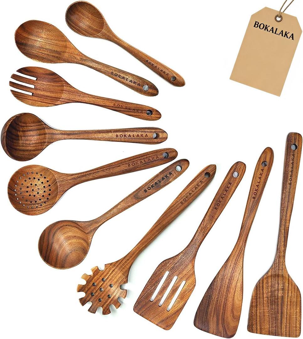 Wooden Spoons for Cooking,10 Pcs Natural Teak Wooden Kitchen Utensils Set Wooden Utensils for Cooking Wooden Cooking Utensils Wooden Spatulas for Cooking (10)