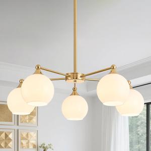 GlowHub Glass Globe Chandelier, Modern Brass Gold Pendant Light with Milk White Glass Shades, Sputnik Chandelier 5-Light Hanging Ceiling Light Fixture for Dining Room Kitchen Foyer, 30 Inches Wide
