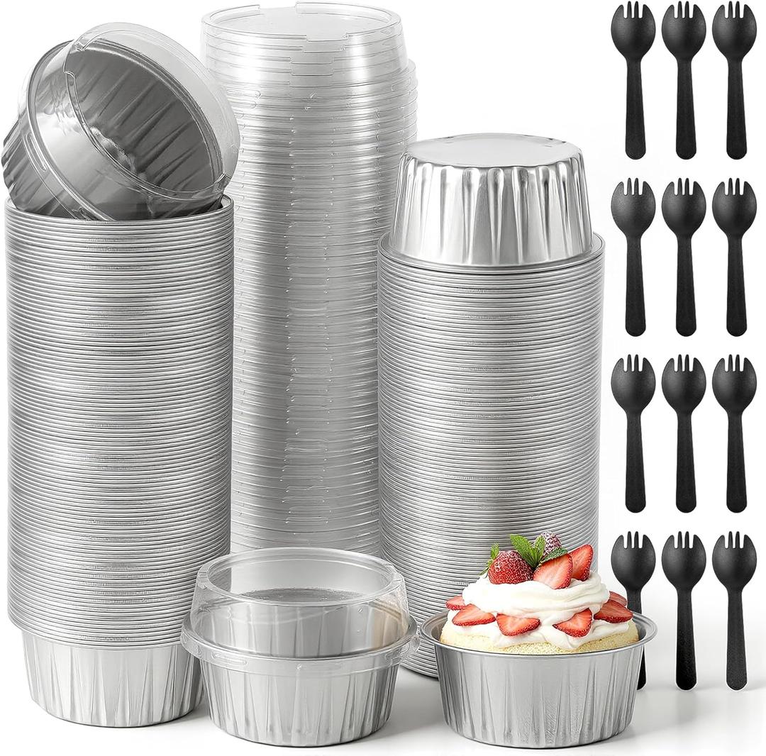 200 Pcs Aluminum Foil Baking Cups with Lids, 5 oz Disposable Ramekin Baking Cups Muffin Tins Brulee Cupcake Liners Foil Cupcake Containers with Spoons for Christmas Wedding Birthday (Silver)