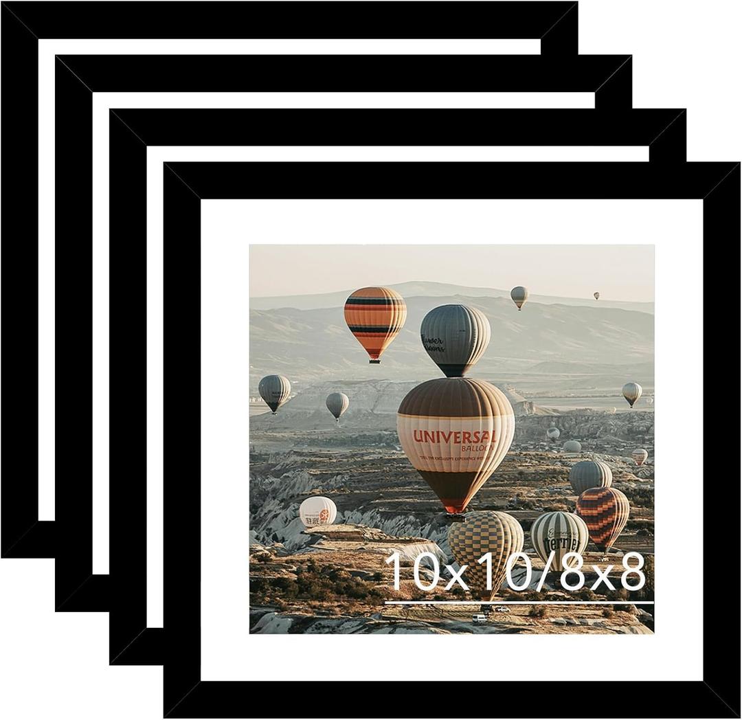 10x10 Picture Frame with Mat, Display Photo 8x8 with Mat or 10 x 10 without Mat, Wood Square 8 by 8 Photo Frames for Wall Hanging, 4 Pack, Black