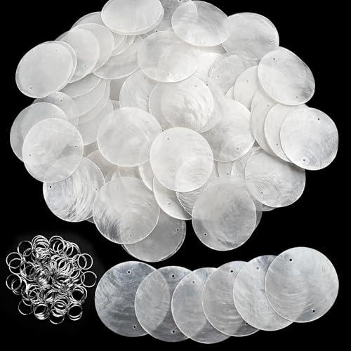 Elesunory Round Capiz Shells, 200 Pcs Capiz Shells and 100 Pcs Shell Garland Strings Bulk with 2 Holes, 2” Blank Shell Pendants for Wedding Home Decor Birthday Party DIY Craft Hanging
