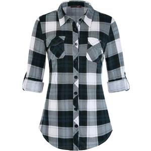 DJT Womens Soft Stretchy Knit Plaid Shirts Roll Up Long Sleeve Collared Button Down Blouses Tops (X-Large, Blue Mirage)