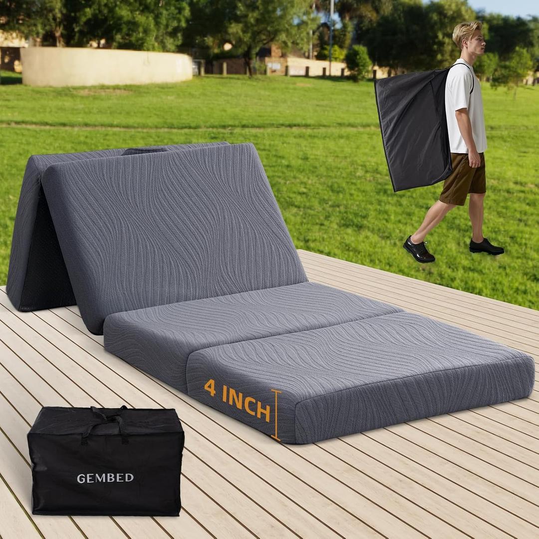 Memory Foam Camping Mattress Pad, 4 Inch Thick Waterproof Foldable Sofa Bed Floor Mattress, Portable Sleeping Pad for Adult, Sleeping Mat for Travel RV Camping Guest Yoga (Twin XL)