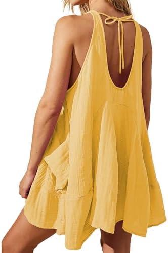 Yioaga Women Casual Summer Dresses Sleeveless Crew Neck Backless Tunic Mini Dress Loose Flowy Tank Sundress with Pockets Small