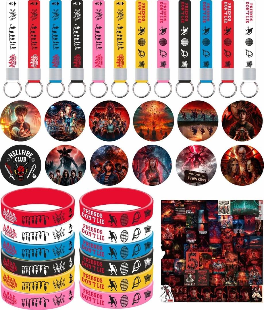 Stranger Birthday Party Supplies, 86pcs Birthday Party Decorations Set Included 12 Bracelets, 12 Acrylic Pins, 12 Keychains, 50 Stickers, for Boys and Girls Cartoon Theme Party