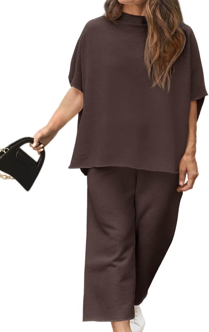 Beautife Women's Plus Size 2 Piece Outfits 3/4 Batwing Sleeve Capelet Crew Neck Pullover Top Wide Leg Pants Lounge Set (Dark Brown), 3XL