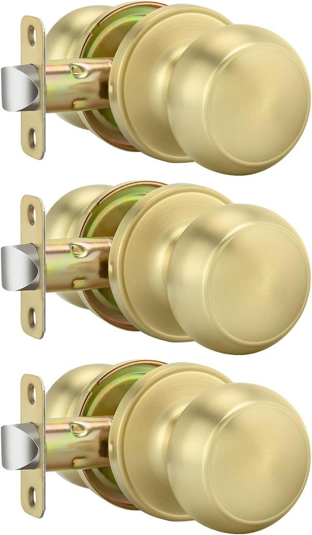 oldenwarm Gold Passage Door Knobs, 3 Pack Closet Door Knobs Interior, Passage Door Knobs Set for Hallway Closet Brushed Brass Door Knob Handles