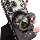 Changjia Magnetic Kickstand Glitter Case for iPhone 17 Pro Max,[Compatible with Magsafe] Cute Bling Sparkly Rhinestones with Camera Protector Makeup Mirror Women Girls Case for iPhone 17 Pro Max,Black