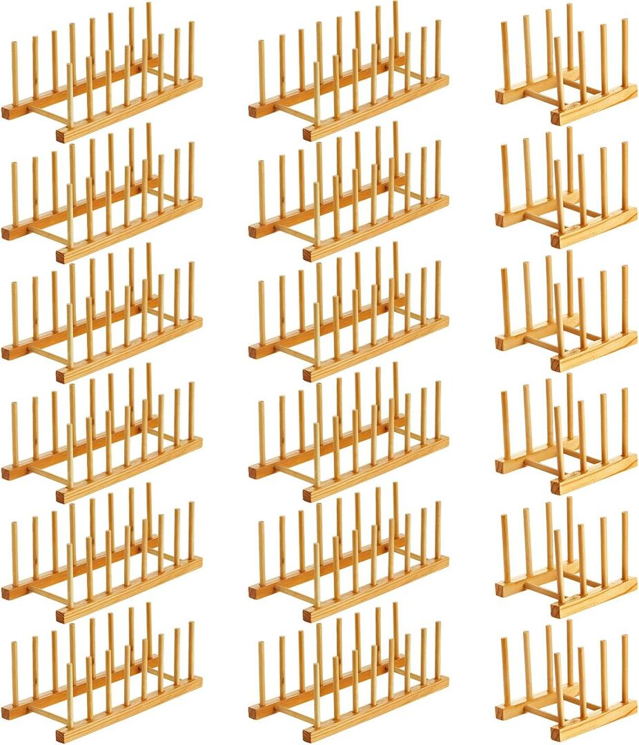 Zopeal 18 Pcs Bamboo Wooden Plate Racks Dish Rack Stand Holder 3/6/ 7 Slots Drainboard Drying Drainer Kitchen Cabinet Organizer for Dish Plate Bowl Cup Pot Lid Book