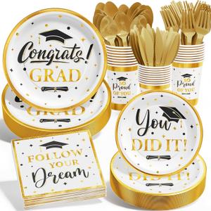 Ecomore Graduation Decoration Class of 2025, 175PCS Graduation Party Supplies Disposable Dinnerware(Serve 25) with Paper Plates Cup Napkin Fork Knife Spoon College High School Grad Decor(White & Gold)