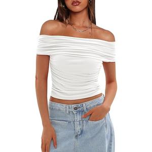 QINSEN Darong Women Mesh Off The Shoulder Top Short Sleeve Double Lined Ruched Shirts Trendy Going Out Tops Summer Fashion Clothes, M