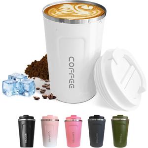 Travel Coffee Mugs Leak-Proof, Reusable Coffee Cups with Lids, Stainless Steel Vacuum Insulated Coffee Tumblers, Thermal Insulation Cups for Men and Women Hot & Cold Drinks(2nd-White, 17OZ)