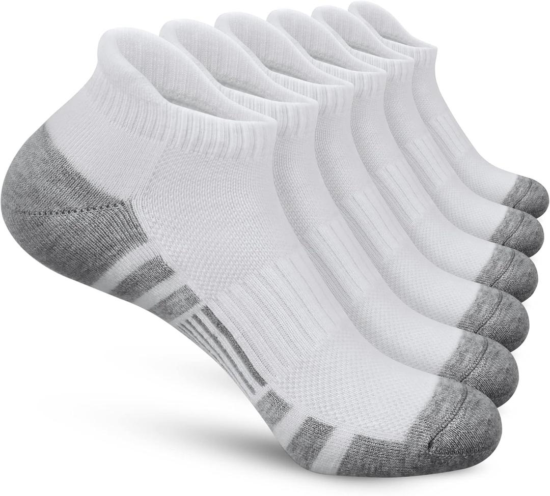 Felicigeely Ankle Athletic Running Socks Low Cut Sports Socks Breathable Cushioned Tab Socks for Men Women 6 Pairs (White)