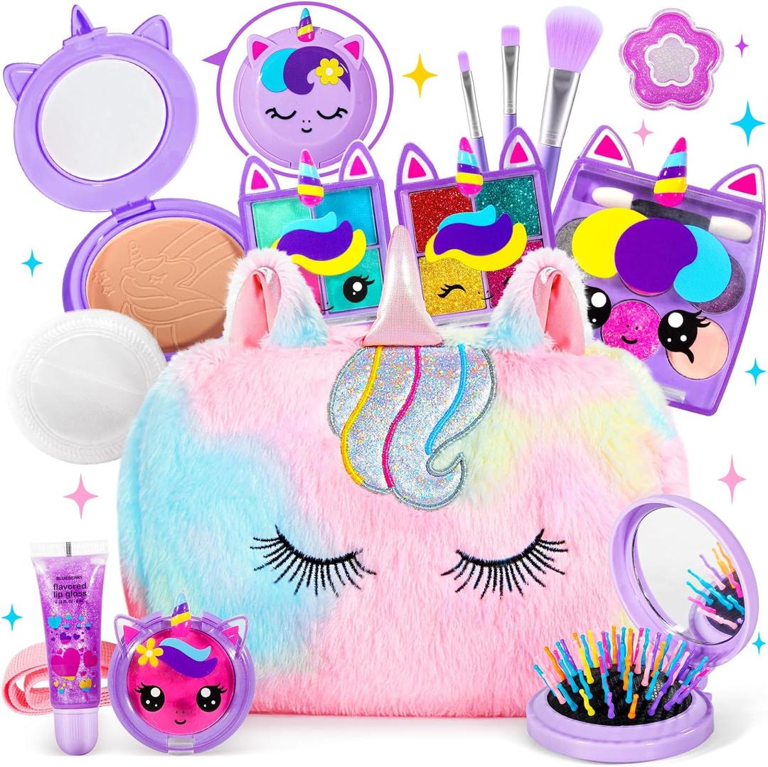 ULOVEME Kids Real Makeup Kit for Little Girls - Real, Non Toxic, Washable Make Up Toy - Umicorn Toys Gift for 3 4 5 6 7 8 9 10 12 Years Old Girls Birthday (Rainbow Crossbody Bag)