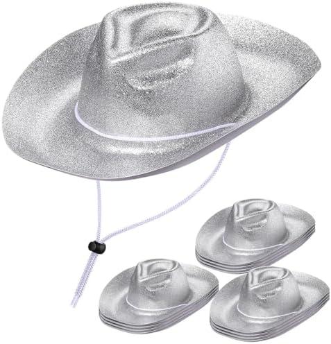 Shyyween Western Cowboy Hat Bulk Plastic Glitter Wide Brimmed Cowgirl Party Hat for Men Women Disco Costume Party
