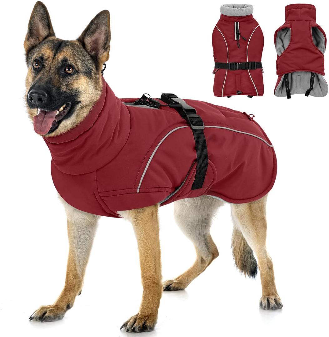 Queenmore Large Coat, Winter Jacket, Waterproof Puffy Snowsuit for Dogs - Adjustable Reflective Fleece Lining Warm Padding Parka for Cold Weather, Red Large