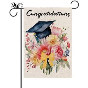 Congrats Grad Garden Flag Graduation Cap Burlap Vertical Double Sided 12.5 x 18 Inch Celebrate Decor for Graduation Schoolyard Farmhouse Outdoor Lawn Party