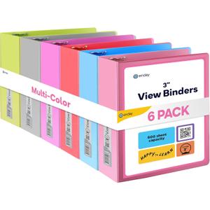 3 Slant D-Ring Binder 3 Inch, 3 in Clear View Cover with 2 Inside Pockets Binder, Heavy Duty Colored School Supplies Binders in Red, Green, Grey, Purple, Blue, Pink, Multicolor (6 PC)  by Enday