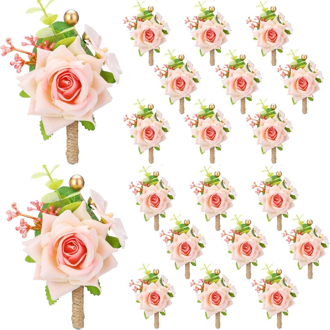 Sherr 12 Pcs Boutonniere for Men Wedding Flower Boutonniere Rose Corsage Set with Pin for Groom Groomsmen Prom Western Wedding Anniversary Dinner Fall Party Decor(Pink)