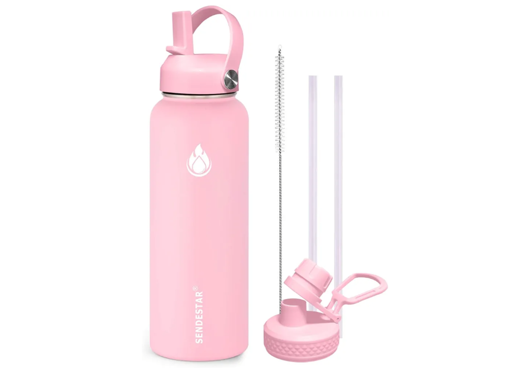 SENDESTAR Stainless Steel Water Bottle, Wide Mouth Water Bottle 32 oz with Straw Lid, Spout Lid, Double Wall Vacuum Insulated Leak Proof, Keeps Liquids Hot or Cold (Peach)