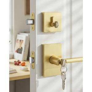 Goldenwarm Gold Exterior Door Lock Set, Zinc-Alloy Brushed Gold Front Door Handle with Lock and Deadbolt, Heavy Duty Square Exterior Door Handle with Deadbolt - 1 Pack