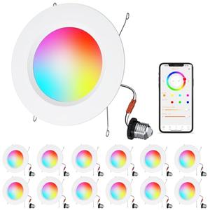 HYDONG Smart LED Can Lights,12Pack Retrofit LED Recessed Lighting 5/6inch,13W 1050LM RGB Color Changing Downlight,Compatible with Alexa,Bluetooth APP Control,for Bedroom Kitchen Living Room