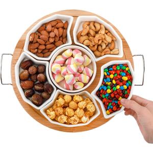 ZENFUN Serving Tray and Platter, 11'' Divided Dip Bowls with Bamboo Tray, 6-Compartment Removable Appetizer Snack Bowls, Round Sectional Serving Platter for Chips and Dip, Fruits, Condiment