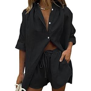 Fixmatti Two Piece Outfits for Women Short Sleeve Collar Button Shirt Top Loose Shorts Set Casual Tracksuit Streetwear Black L