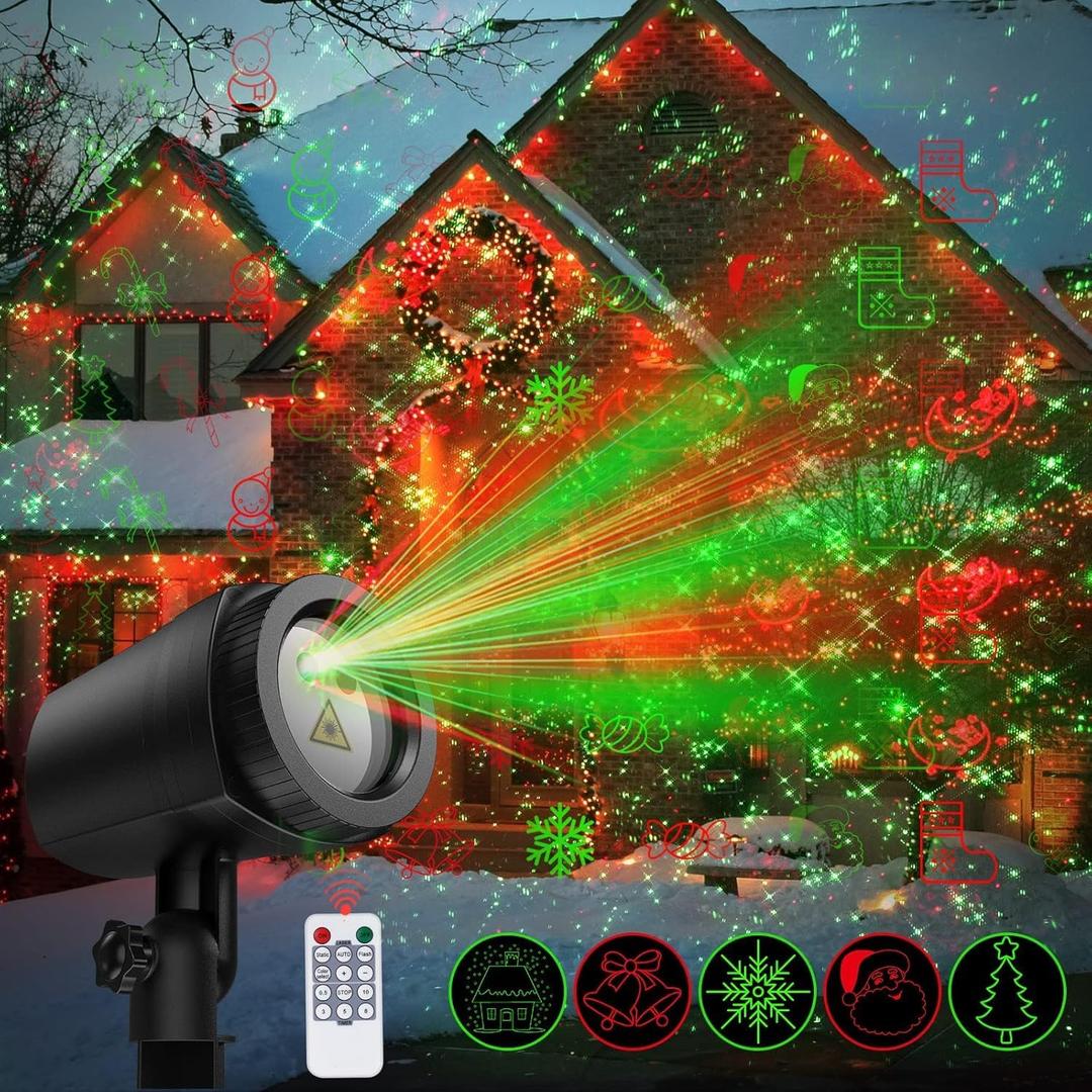NUR Christmas Projector Lights Outdoor, Waterproof Christmas Light Projector with 24 Christmas Decorative Patterns, Remote Control with Timer, Holiday Projector Lights for Outdoor Garden Patio Wall