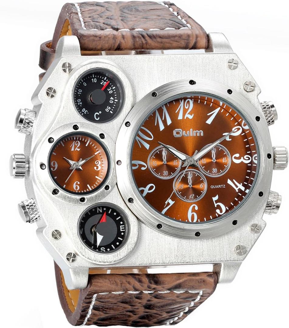 Avaner Men's Leather Wrist Watches: Big Face Dual Time Zone Oversized Large Dial Leather Strap Analog Quartz Watch