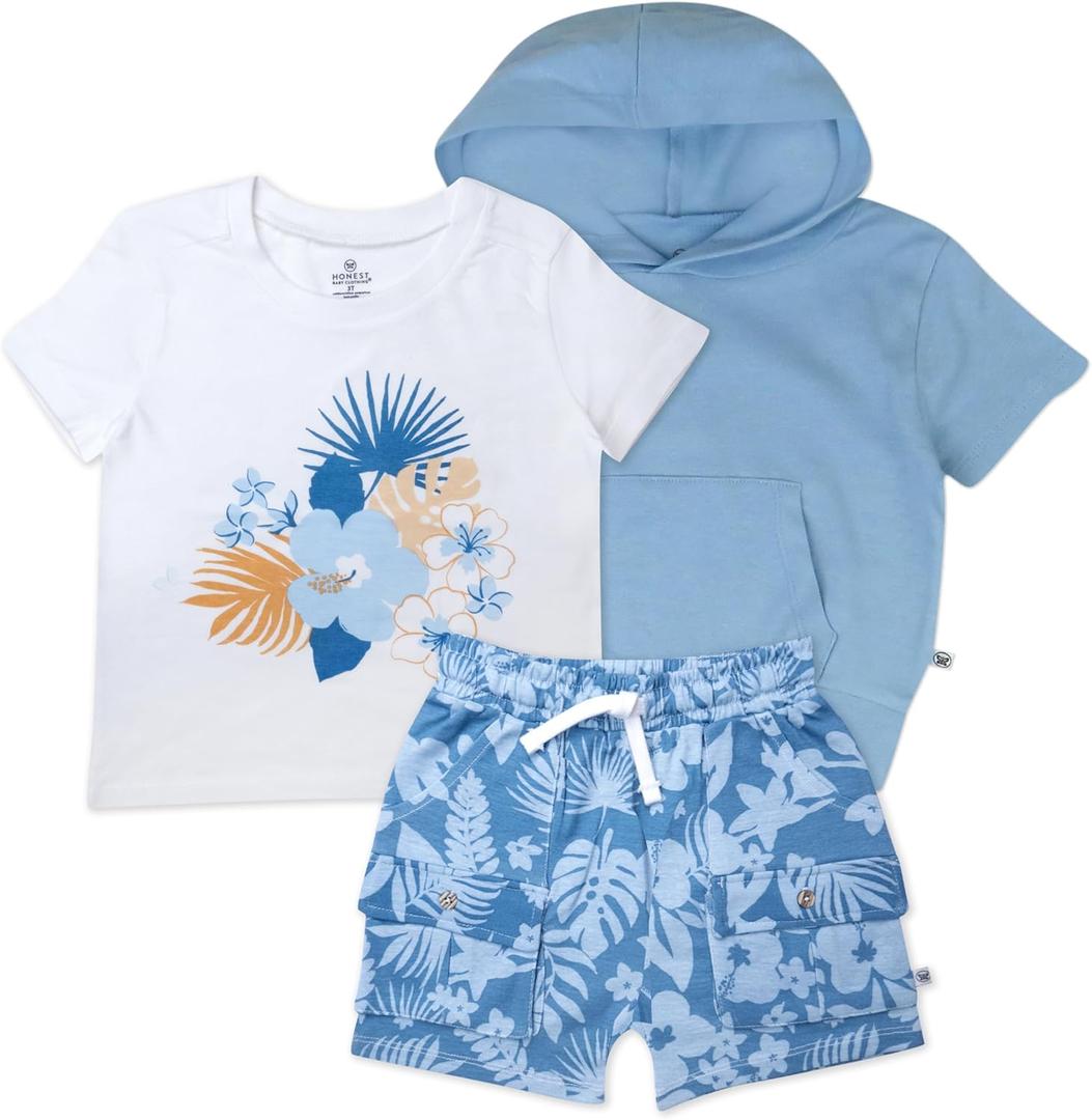 3 Piece Short Sleeve Top, Short and Hoodie Set for Infant Baby Boys, Girls, Unisex (6-9 Months, Tropic Shadow Chambray)