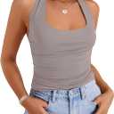 ZESICA Women's Halter Tank Tops 2025 Summer Scoop Neck Backless Shirts Slim Fitted Casual Ruched Sleeveless Tops (XL)
